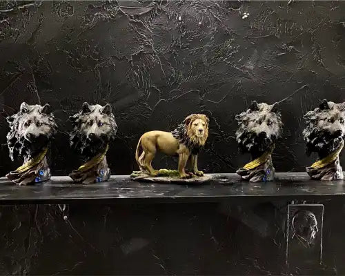 4  black wolves and one lion on the vanity front view 